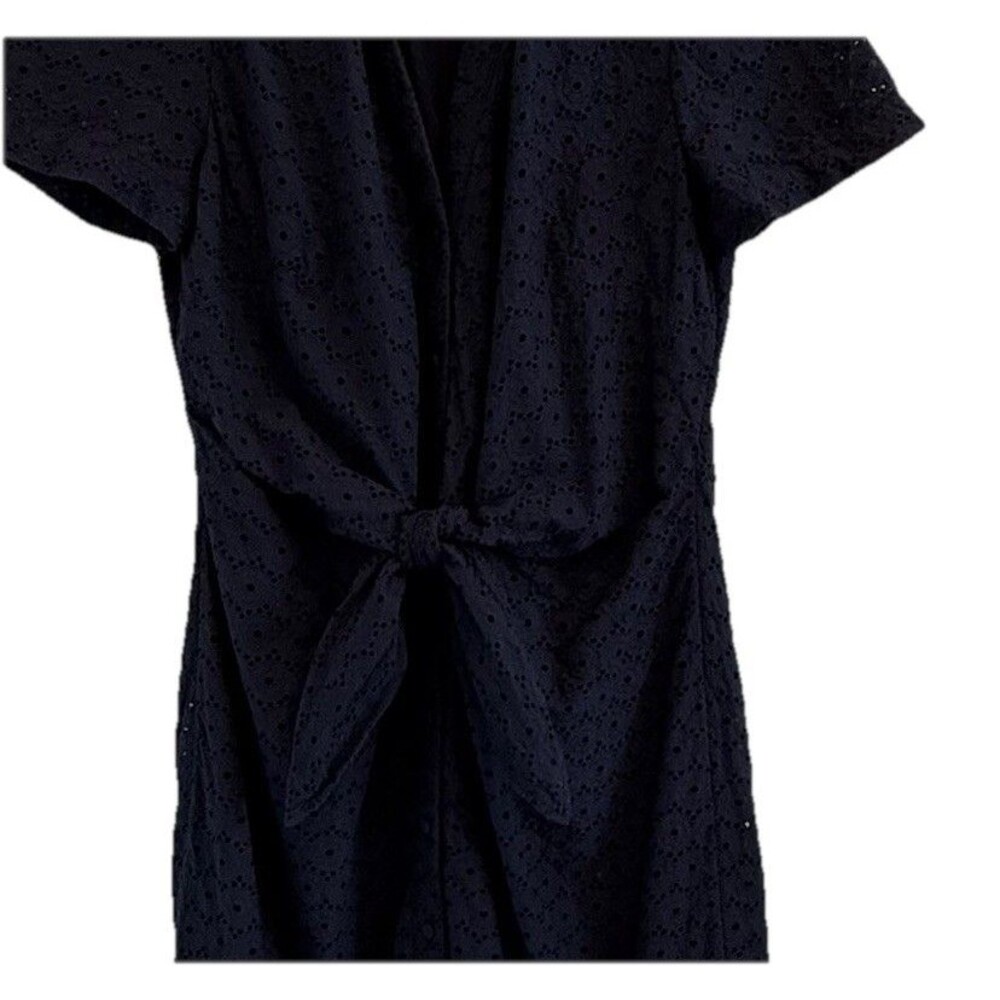 Talbots Shirt Dress 8 Navy Blue Eyelet Midi Academia June Cleaver Vtg Aesthetic - Picture 4 of 8